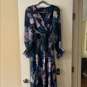 Adrianna Papell Navy Floral Chiffon Dress New With Tags
